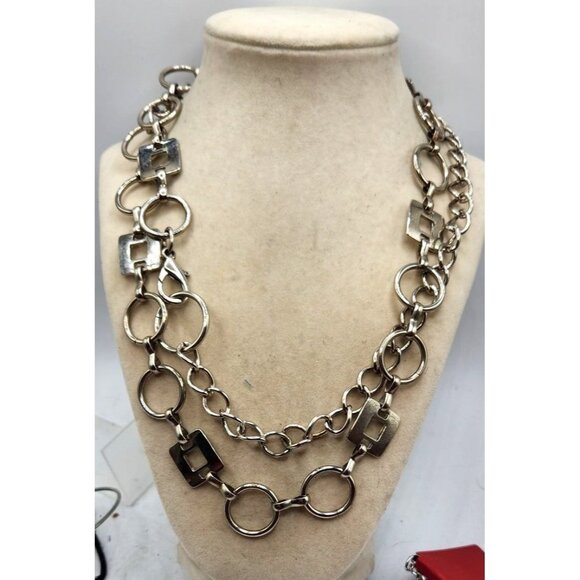 Multi Shaped Looped Silvertone Necklace 36" - Picture 1 of 2